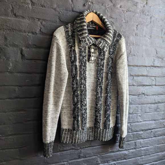 Vintage Wool Chic Cable Knit Black Grey Monotone Chunky Turtleneck Sweater - Picture 3 of 5